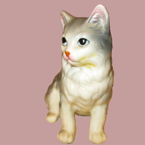 ESD Porcelain grey blue eyed sculpture long haired cat figure Japan hand pa - Picture 2 of 6